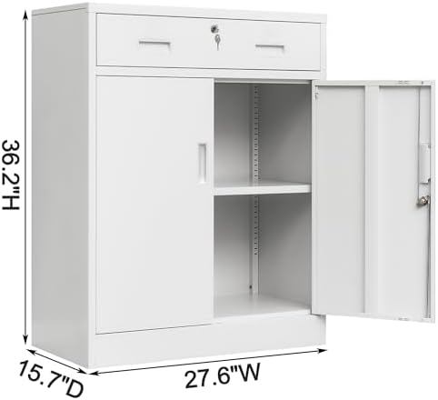 Wanfu Metal Storage Cabinet, Locking Cabinet with 1 Drawer and Adjustable Shelf, 36" H x 28" W x 16" D Steel Storage Cabinet for Office, Garage, Home-White - Image 3