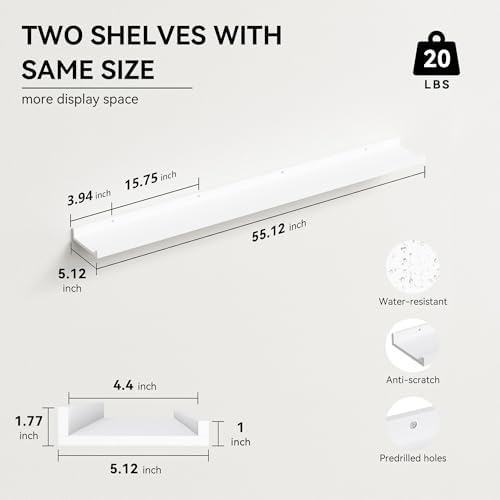 Boswillon Floating Shelves Set of 2, Long Wall Shelf with Lip, 56in, White - Image 3