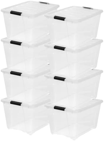 IRIS USA 54 Qt Stackable Plastic Storage Bins with Lids, 8 Pack - BPA-Free, Made in USA - See-Through Organizing Solution, Latches, Durable Nestable Containers, Secure Pull Handle - Clear by Unknown