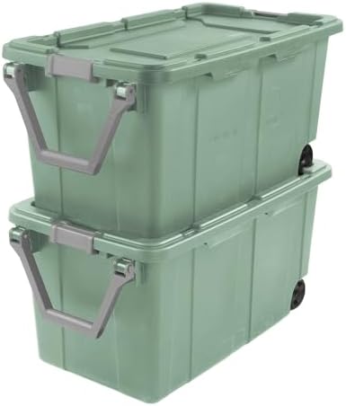40 Gallon Light Green Rolling Industrial Storage Bins 2-Pack, Heavy-Duty Plastic with Leakproof Lid & Latches, Stackable for Garage Warehouse Equipment Transport by Unknown