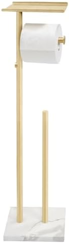 GZILA Brushed Gold Toilet Paper Stand Holder with Shelf, Marble Design Base Free Standing Toilet Paper Roll Holder with 2 Dispenser SUS 304 Stainless Steel Reserve, Storage 5 Rolls by GZILA