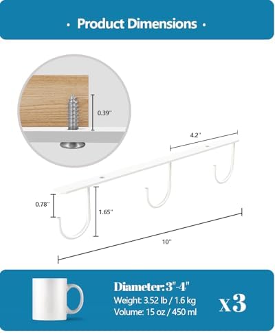 3 Pack Mug Hooks Under Cabinet with 9 Hooks for Displaying Mugs, White - Image 4