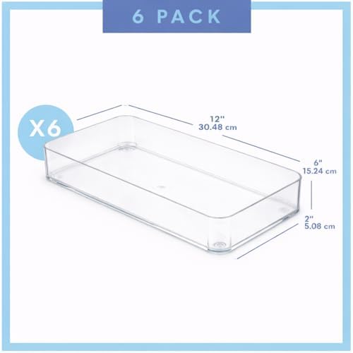 primebox Plastic Clear Acrylic Drawer Organizers. Bathroom, Kitchen, Bedroom, Utensils, Office Organizer Bins, Storage Trays. Heavy Duty, Stackable. 12" x 6" x 2" Set of 6 - Image 2