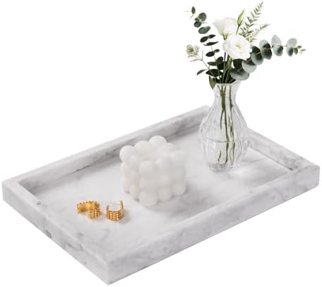 Marble Bathroom Tray for Countertop & Home Decor, Natural Decorative Marble Tray for Jewelry & Perfume Organizer, Luxury Stone Vanity Trays for Dresser, Kitchen Counter, 12" x 8", White by Homaura