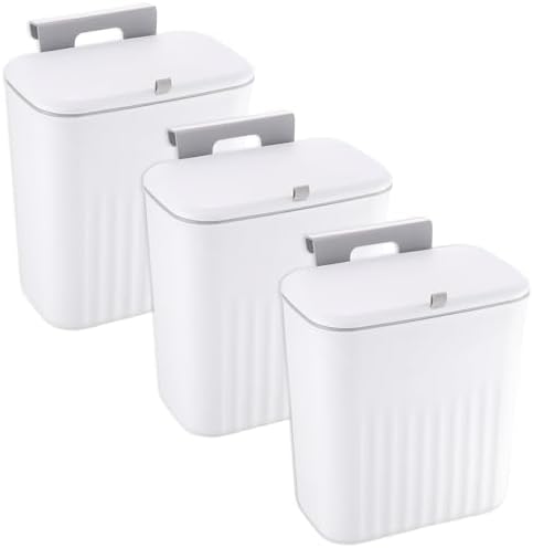 3 Pack Hanging Trash Can with Lid, Kitchen Compost Bin for Counter Top or Under Sink, Waste Basket Wall Mounted Garbage Can for Cupboard/Bathroom/Bedroom/Office/Camping (White) by Wensdr