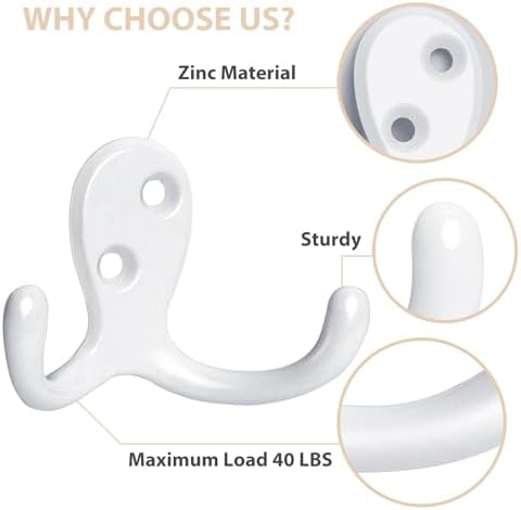 Homanu 24 Pack White Coat Hooks Wall Mounted Double Prong with 48 Screws - Image 4