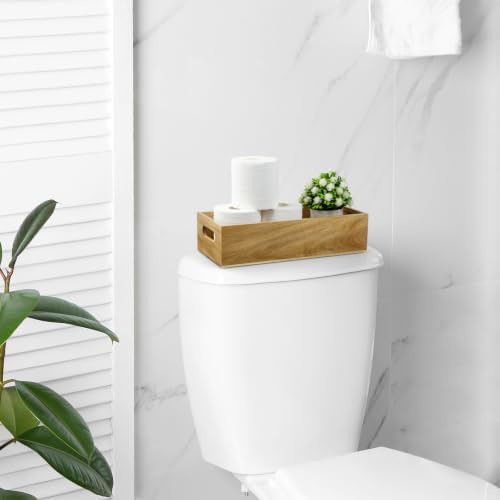 ALELION 15 Inch Acacia Wood Bathroom Storage Basket with Handles, Toilet Paper Basket for Back of Toilet Tank Top, Wooden Organizer Tray for Bathroom Countertop, Vanity, Kitchen, Pantry, Laundry Room - Image 2