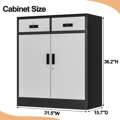 Wanfu Metal Storage Cabinet, 36" H Locking Storage Cabinet with 2 Drawers and Adjustable Shelf, Metal Cabinets for Office, Garage, Home-Black and Silver - Image 3