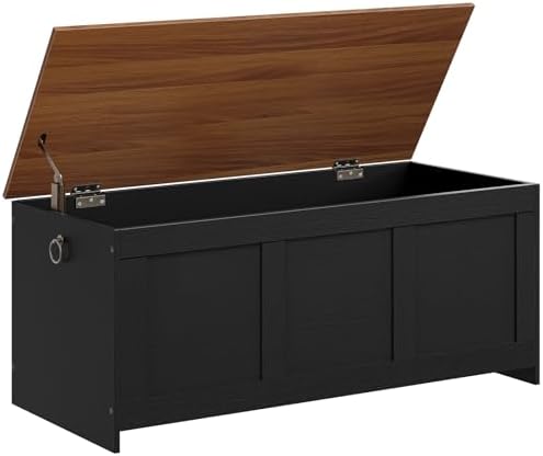 HOOBRO 47.2" Large Storage Bench, Retro Storage Chest with Safety Hinge, Wooden Storage Trunk, Toy Chest with Lift Top for Bedroom, Living Room, Entryway, Black and Walnut BH412CW01 by HOOBRO
