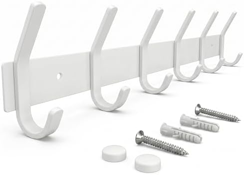 White Coat Rack Wall Mount – 17 Inch Stainless Steel Hook Rail with 6 Heavy Duty Double Coat Hooks – Wall Mounted Coat Hanger for Entryway, Bathroom, Bedroom, Towel, Hat Organizer by SAYONEYES
