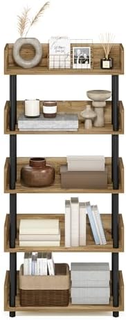 Furinno TURN-N-TUBE 5-Tier Display Shelf, Storage Shelves, Book Shelf, Open Shelves with Rounded Corner Top Edges, for Organization and Storage, Living Room, Home Office, Flagstaff Oak - Image 5