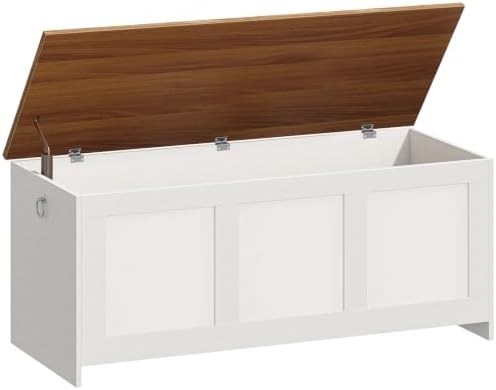 HOOBRO Storage Bench, 43.3" Retro Wooden Storage Chest, Wooden Storage Trunk, Toy Chest with Lift Top, Multifunctional Entryway Organizer, for Entryway, Living Room, White and Walnut WH411CW01G1 by HOOBRO