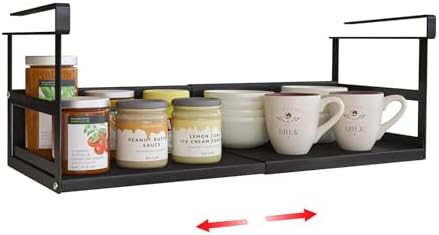 Expandable Under Cabinet Shelf Organizer with 0.94-Inch Thick Clips, Heavy Duty Extendable Under Shelf Storage Basket for Pantry or Laundry Room, Black, 1 Pack, Interior: 5.7" H x 7.2" D by SHINEWON