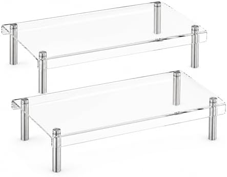 2 Pack Clear Acrylic Riser, Display Stand, Large Transparent Monitor Riser Stand Acrylic Shelf with Non-Slip Feet, Desktop Organizer for Collectibles, Figurines, Cosmetics, Multifunctional Stand by LoengMax