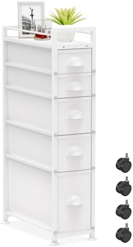 LASZOLA 5 Drawer Narrow Slim Cabinet Skinny Storage Tower Chest, Ideal for Small Spaces, Between Washer and Dryer, Lightweight Mobile on Wheels, Sturdy Fabric Drawers, White by LASZOLA