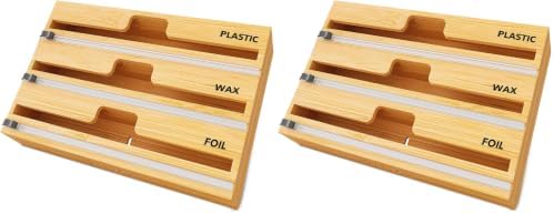 SpaceAid WrapNeat 3 in 1 Wrap Organizer with Cutter and Labels, Plastic Wrap, Aluminum Foil and Wax Bamboo Dispenser for Kitchen Storage Organization Holder for 12" Roll (Natural) (Pack of 2) by SpaceAid
