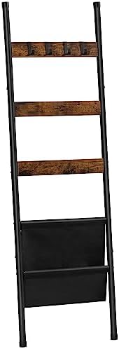 HOOBRO Blanket Ladder, 5 Tier Towel Rack, 17.3" L x 63" H, Wall-Leaning Blanket Rack for Living Room, Decorative Ladder with 4 Hooks and Magazine Pocket, Rustic Brown BF32CJ01 by HOOBRO