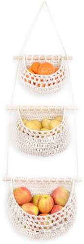 Cotton Hanging Fruit Basket, 3 Tier Woven Wall Basket, Hanging storage baskets for Kitchen and Bathroom, Macrame Wall Hanging, Boho Decor Over The Door Organizer, White by JmzEHome