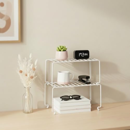 4-Pack Small (10.8x5.3inch) White Stackable Shelf Organizer Rack, Wire Shelf Rack for Kitchen Cabinet, Pantry, Desk Organization and Storage, Rustproof - Image 4