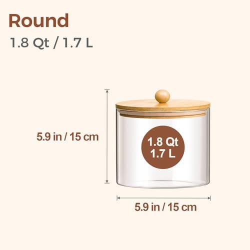 ComSaf Glass Storage Jars with Bamboo Lids 1.8 Qt 2 Pack Large Round - Image 2
