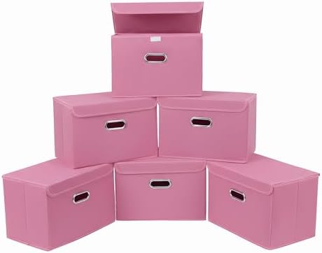 STOREONE Fabric Storage Cube Bins Foldable Organizer Container Collapsible Basket with Lids and Metal Handles, for Home, Bedroom, Closet 6 Pcs (Pink) by STOREONE