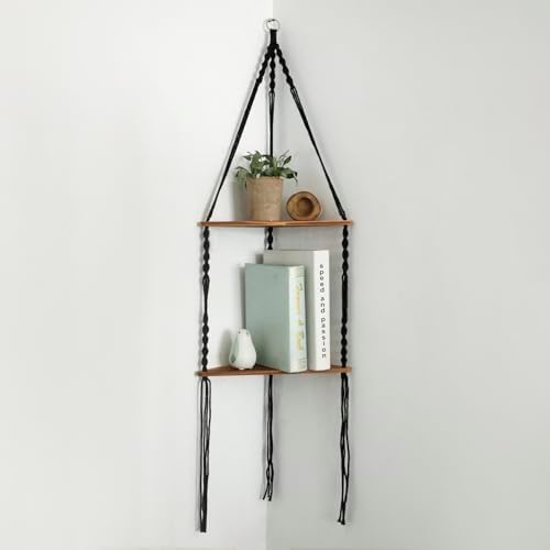 Artilady Corner Shelf Macrame Wall Hanging Balck, Boho Wood Storage Decor - Image 6