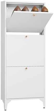 Shoe Cabinet with 3 Flip Drawers, Narrow Shoe Storage Cabinet, Farmhouse Shoe Organizer, Freestanding Organizer with Metal Legs for Entryway, Foyer (White, Narrow 3-Door) by LINGZOE