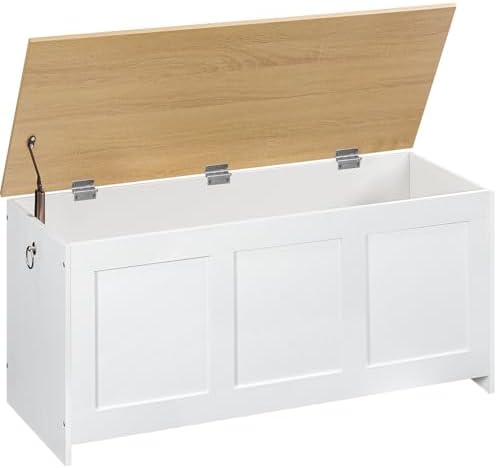 HOOBRO Storage Bench, 39.3" Retro Wooden Storage Chest, Wooden Storage Trunk, Toy Chest with Lift Top, Multifunctional Entryway Organizer, for Entryway, Living Room, White and Natural WN141CW01G1 by HOOBRO