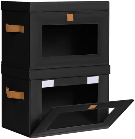 Homsorout Medium Fabric Storage Bins - Closet Shelf Organizer with Open Window, 2 Pack Closet Baskets for Shelves, Stackable Decorative Boxes for Home, Dorm, Black, 13.7" x 9.8” x 9.8" by Homsorout