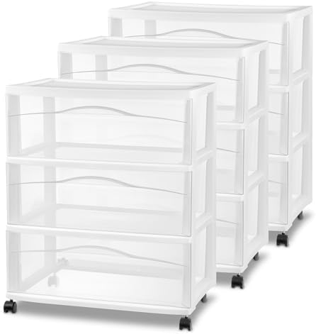 Sterilite Wide 3-Drawer Cart with Wheels for Bedroom and Dresser, 3-Pack by Sterilite