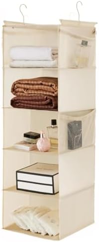 MAX Houser 5 Tier Hanging Closet Organizer with 4 Side Pockets, Beige by MAXHouser