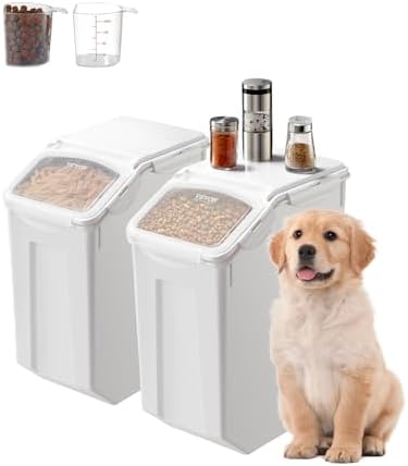 VEVOR Rice Storage Container, 4.5Gallon/20L x2 Capacity Large Dog Food Dispenser Bin, Kitchen Ingredient Grain Cereal Flour Bin, Pet food Containers with Wheels, 2 Measuring Cups, Airtight Lid, 2 Pack by VEVOR