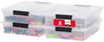 IRIS USA 4-Pack 6 Qt Storage Bins with Lids, Clear/Black by IRISUSA