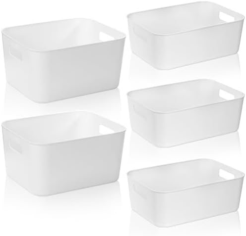 Peohud 5 Pack White Plastic Storage Bins, Pantry Organization and Storage Baskets with Handles, Open Plastic Storage Container for Home, Kitchen, Office, Shelves, Cabinet, Under Sink Organizer by Peohud