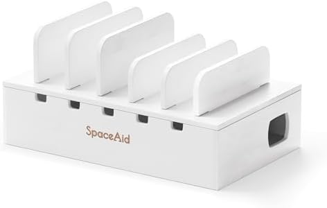 SpaceAid Bamboo Charging Station for Multiple Devices, Cell Phone Docking Stations for Multi Laptop, Tablets and iPads, Nightstand Bedside Desk Device Charger Organizer (White) by SpaceAid