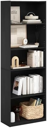 Furinno GEHRY Book Shelf, 5-Tier Bookshelf with Open Shelf, Standing Bookcase with Adjustable Shelves, 11.6 x 24.8 x 71.4, for Living Room, Bedroom, Home Office, Blackwood by Furinno-FitsYourSpaceFitsYourBudget