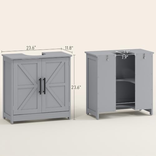 HOMCOM Pedestal Sink Storage Cabinet, 2 Barn Doors, Dark Gray - Image 3