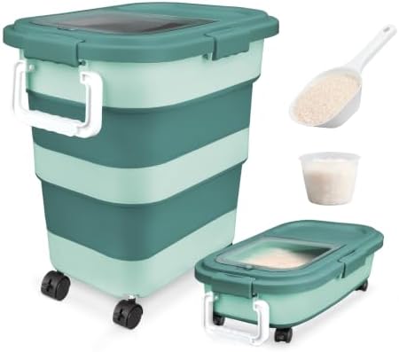 Komzon Rice Storage Container10-40 Lb, 25 Lb Pet Dog Food Storage Container, Collapsible Airtight Rice Storage Container, Rice Dispenser Bin with Cup and Scoop for Flour Cereal Pasta Grain, Cat Bird by Komzon