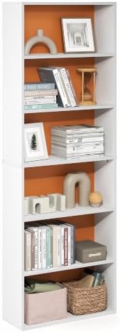 Furinno Jaya 6-Tier Book Shelf with Open Shelf, White/Orange by Furinno-FitsYourSpaceFitsYourBudget