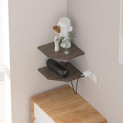 JJL Corner Shelf, 12 Inch Corner Shelf Wall Mounted with Wire Hole, 2 Tier 13.3 Inch Deep Wooden Corner Hanging Shelves for Wall Storage, for Speaker, Cable Box, Grey - Image 2