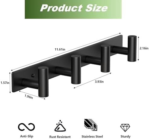 Wall Mounted Coat Rack-4 Hooks, Heavy Duty Stainless Steel Wall Hooks for Towel Coat Bag, Hat Rack Coat Hanger Coat Hooks Towel Racks for Bathroom Entryway Kitchen Hotel Office (Black, 1 Pack) - Image 2