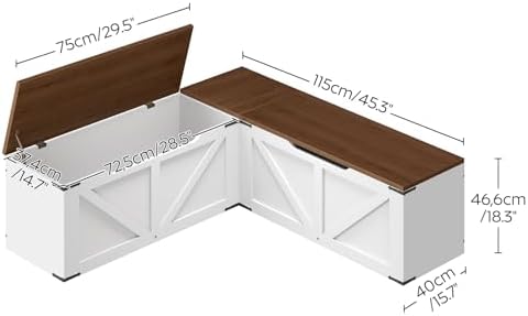 YATINEY L-Shaped Storage Bench, Storage Toy Chest with Hidden Compartments, Breakfast Nook Bench for Corner Spaces, Kitchen, Dining Room, Cloakroom, Walnut and White CW01WH - Image 3