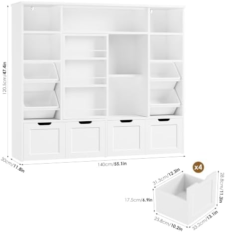 FINETONES Toy Storage with Sliding Bookshelf, Toy Organizer with 4 Bins - Image 3