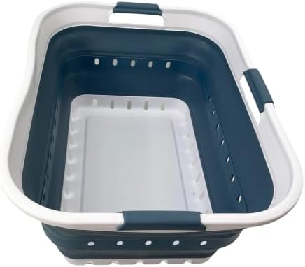 SAMMART 42L (11 gallon) Collapsible Plastic Laundry Basket - Foldable Pop Up Storage Container/Organizer - Space Saving Hamper/Basket (1, White/Steel Blue) by SAMMART