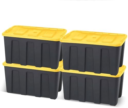 HOMZ Durabilt Plastic Storage Bins with Lids, 34 Gal, Black/Yellow, 4 Pack by Homz