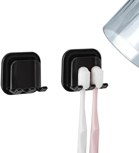 2 PCS Self-Adhesive Toothbrush Holders Wall Mounted, Water Proof Toothbrush Hook, 2 in 1 with Toothbrush Hanger and Gargle Cup Holder for Bathroom Shower (Black) by LUEXBOX