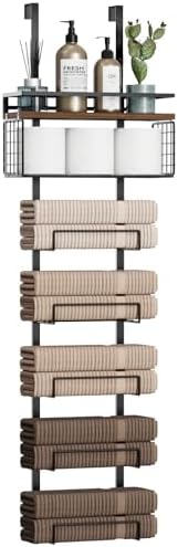 Aetyord Towel Racks for Bathroom Over The Door Towel Racks Towel Storage Organizer with Metal Shelf Basket for Bathroom Rv Camper (7-Tier Black with Brown Plank) by Aetyord