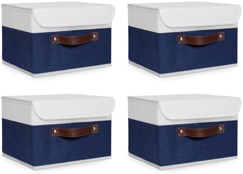 ANMINY Fabric Storage Box Bins with Lids, Blue White, 10"x8"x7", 4 Pack by ANMINY