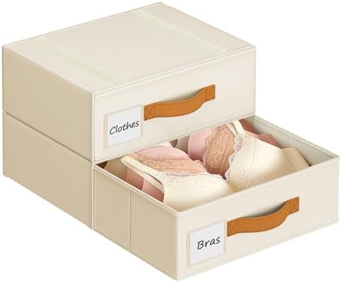 Underwear Drawer Organizer, Stackable Bra Organizer for Closet 2 Pack, Bra Storage With Fabric Storage Drawers, Collapsible Closet Organizers for Clothes, Socks, Bra, Scarf, Baby Clothes, Beige by DiMJ