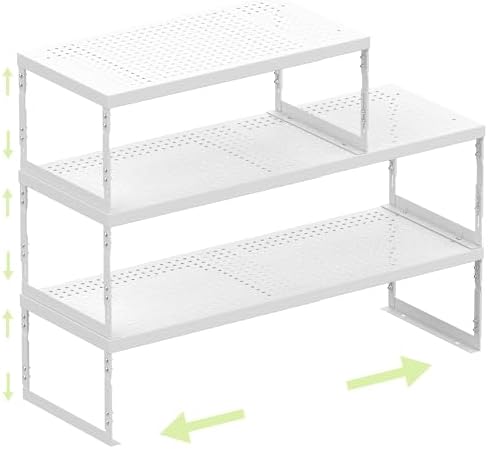 Adjustable Expandable Metal Storage Shelf, Standing Shelf Unit for Kitchen Cabinet Pantry Countertop, Space Saving Shelf Riser and Organizer(3 Packs/White,Large) by Unknown